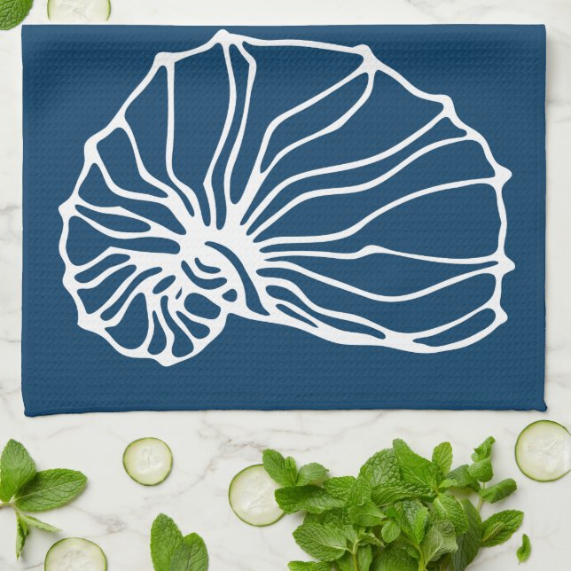 Stylish Sea Shell - Teal Blue Coastal Theme Tea Towel (Folded)