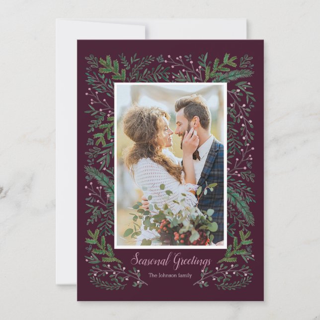 Stylish Seasonal pink Green Pine Tree wreath Photo Holiday Card (Front)