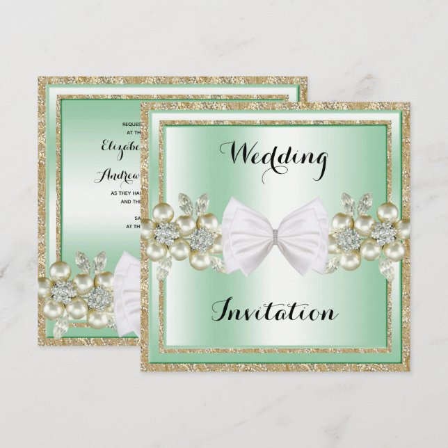 Stylish Sequins & Floral Gems Glitter Bow Wedding Invitation (Front/Back)