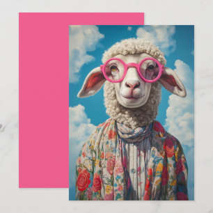 Stylish Sheep Pink Glasses Floral Attire Blue Sky Invitation