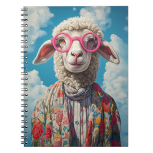 Stylish Sheep Pink Glasses Floral Attire Blue Sky Notebook