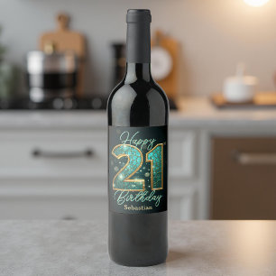 Stylish Shimmering Teal and Gold 21st Birthday Wine Label