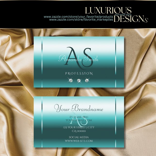 Stylish Shimmery Teal Sparkling Diamonds Initials Business Card (Creator Uploaded)