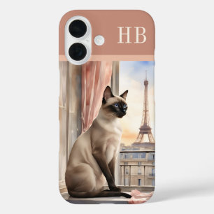 Stylish Siamese Cat Monogram Personalised iPhone 16 Case