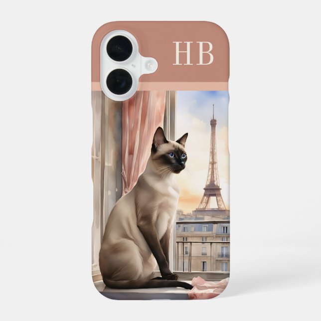 Stylish Siamese Cat Monogram Personalised iPhone 16 Case (Back)