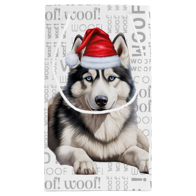 Stylish Siberian Husky and Woof Word Art Christmas Small Gift Bag (Back)