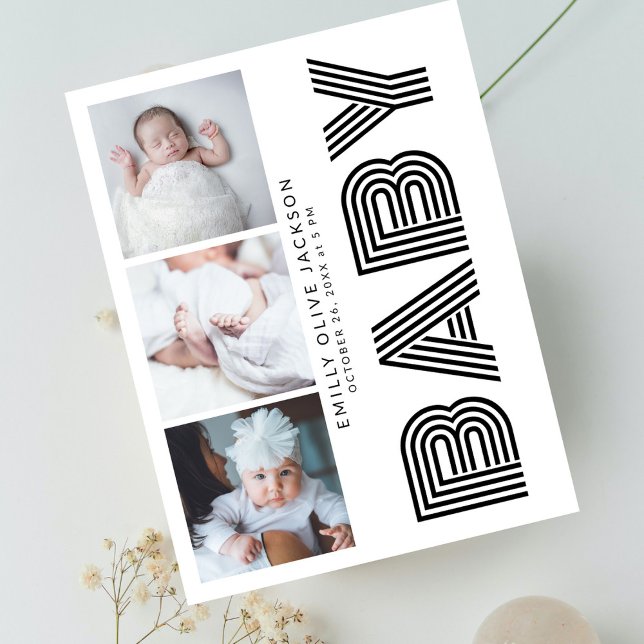 Stylish Side Typography 3 Photo Baby Thank You Postcard (Creator Uploaded)