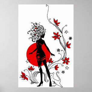 Stylish silhouette of elegant woman with sweet cat poster