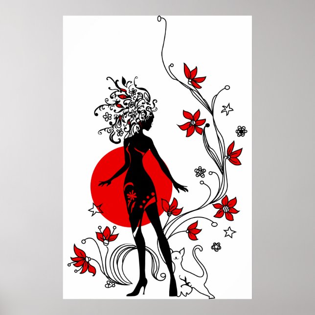 Stylish silhouette of elegant woman with sweet cat poster (Front)