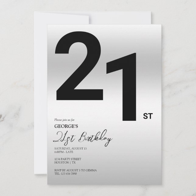 Stylish Silver 21st Birthday Party Invitation (Front)