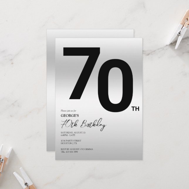 Stylish Silver 70th Birthday Party Invitation (Front/Back In Situ)