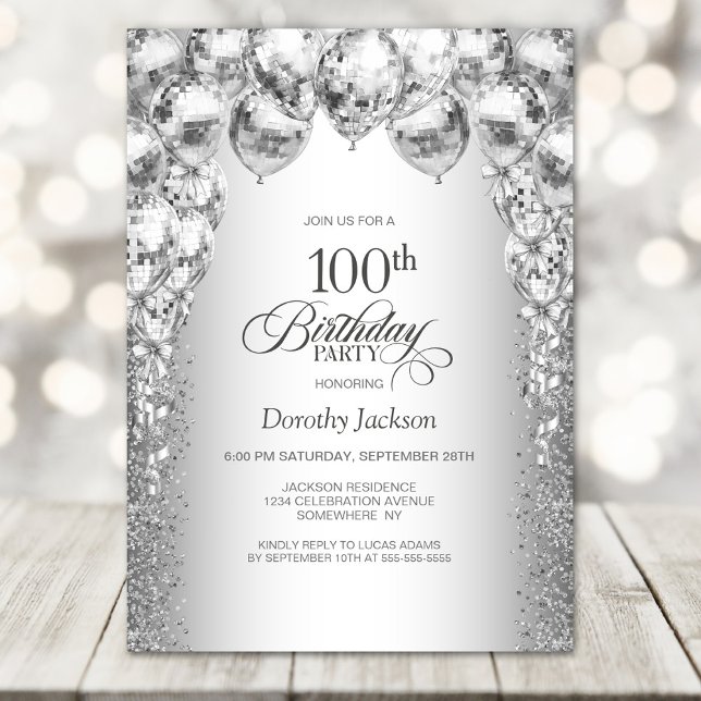 Stylish Silver Balloons 100th Birthday Party Invitation (Creator Uploaded)
