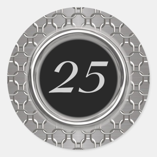 Stylish Silver & Black 25th Wedding Anniversary Classic Round Sticker (Front)