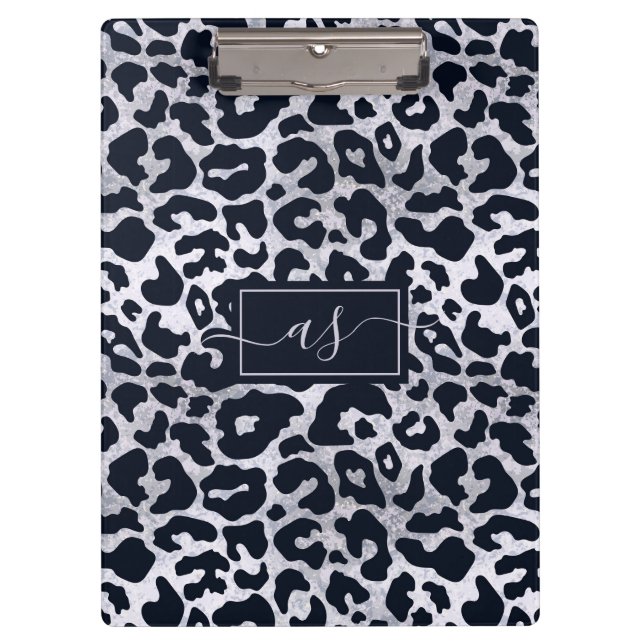 Stylish Silver Black Leopard Print Monogrammed Clipboard (Front)