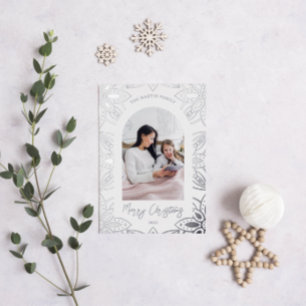 Stylish Silver Botanical Frame Two Photo Christmas Foil Holiday Card
