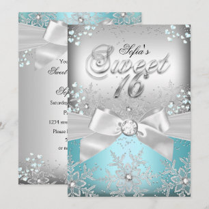 Stylish Silver Bow Blue Jewel Sweet Sixteen Invite