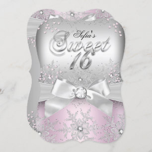 Stylish Silver Bow Pink Jewel Sweet Sixteen Invite
