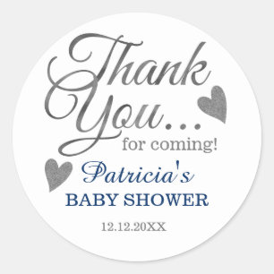 Stylish Silver Boy Baby Shower Thank You Favor Classic Round Sticker