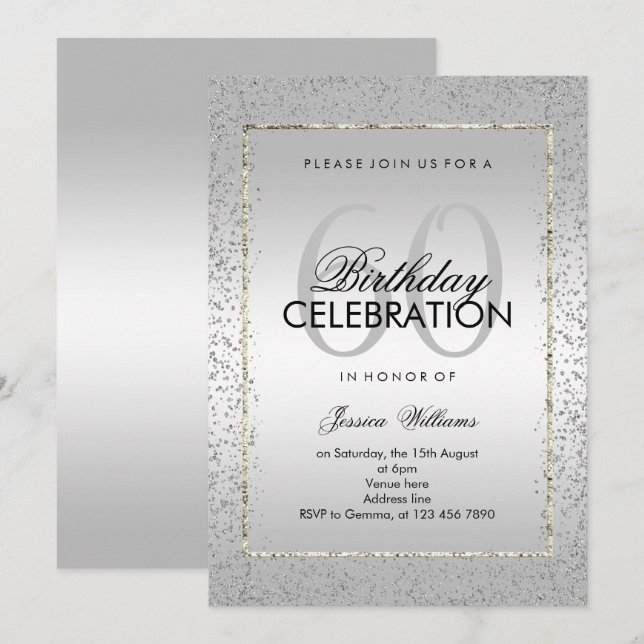 Stylish Silver Confetti 60th Birthday Invitation (Front/Back)