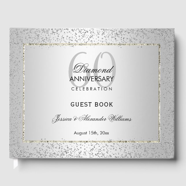 Stylish Silver Confetti 60th Diamond Wedding Guest Book (Front)