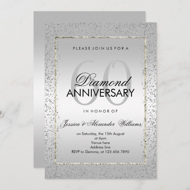 Stylish Silver Confetti 60th Diamond Wedding Invitation (Front/Back)