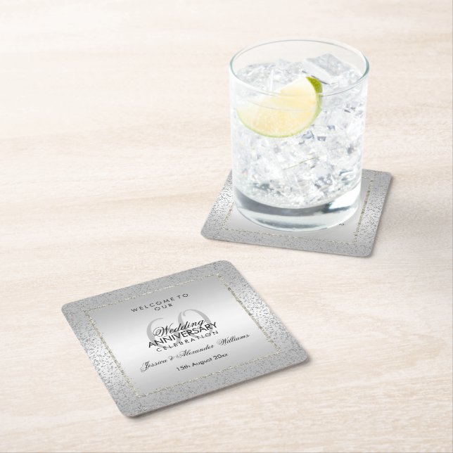 Stylish Silver Confetti 60th Wedding Square Paper Coaster (Insitu)