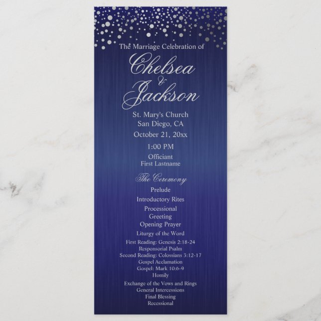 Stylish Silver Confetti Dots | Blue - Program Programme (Front)