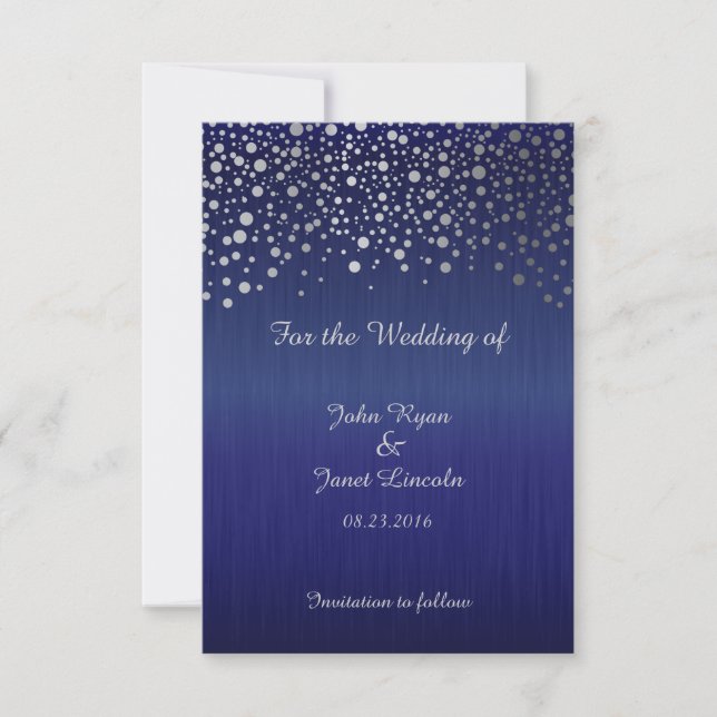 Stylish Silver Confetti Dots | Sapphire Blue Save The Date (Front)