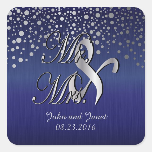 Stylish Silver Confetti Dots | Sapphire Blue Square Sticker (Front)