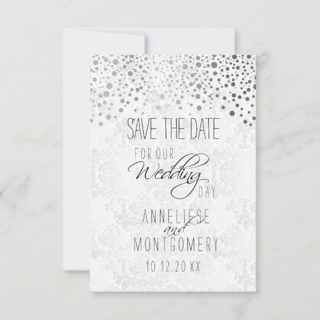 Stylish Silver Confetti Dots | White Texture Save The Date (Front)