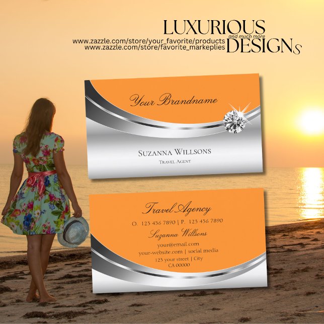 Stylish Silver Decor Orange with Sparkly Diamond Business Card (Creator Uploaded)