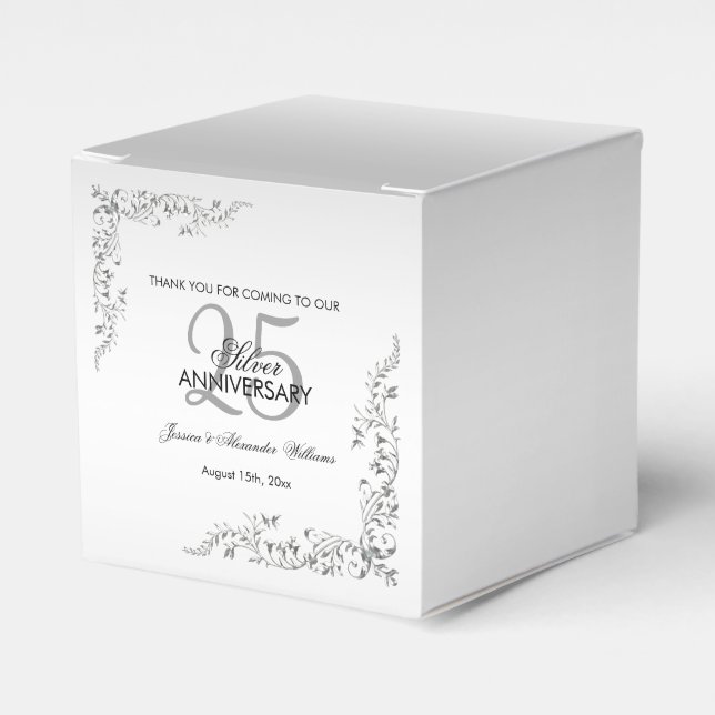 Stylish Silver Decoration 25th Wedding Anniversary Favour Box (Front Side)