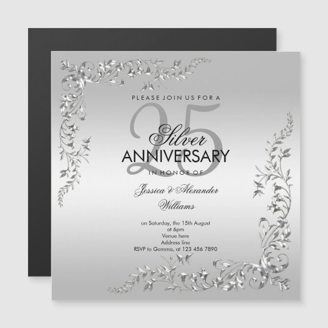 Stylish Silver Decoration 25th Wedding Anniversary Magnetic Invitation (Front/Back)