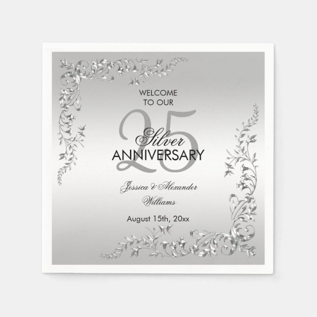 Stylish Silver Decoration 25th Wedding Anniversary Napkin (Front)