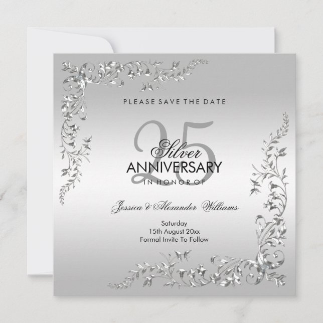 Stylish Silver Decoration 25th Wedding Anniversary Save The Date (Front)