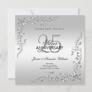 Stylish Silver Decoration 25th Wedding Anniversary Save The Date