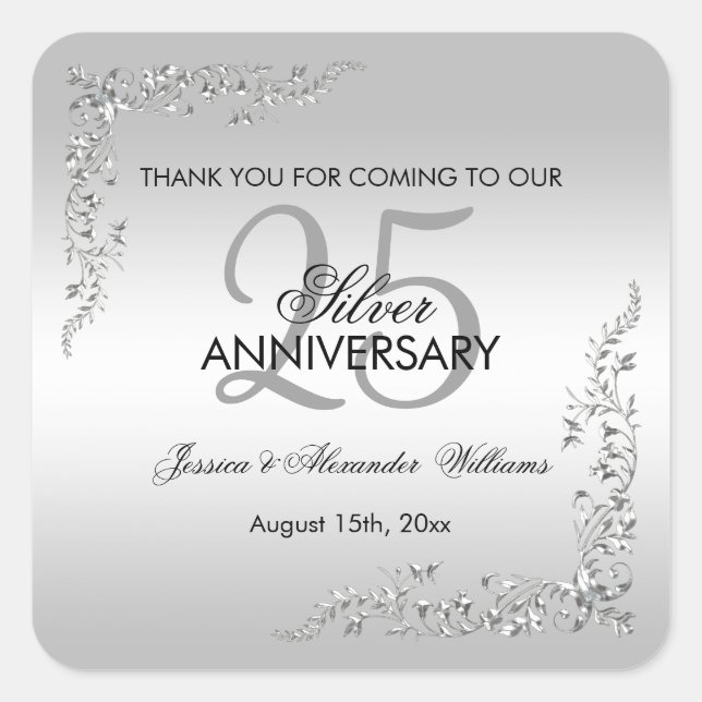Stylish Silver Decoration 25th Wedding Anniversary Square Sticker (Front)
