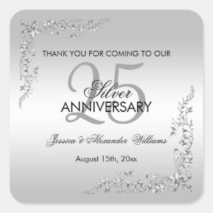 Stylish Silver Decoration 25th Wedding Anniversary Square Sticker