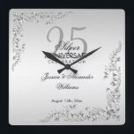 Stylish Silver Decoration 25th Wedding Anniversary Square Wall Clock<br><div class="desc">Stylish and elegant 25th wedding anniversary clock, suitable for silver wedding anniversary events. Beautiful stylish silver swirls and flourishes corner decorations on a pretty silver background. All text is fully customizable to meet your requirements. If you need help to customize your product or would like matching products please contact me...</div>