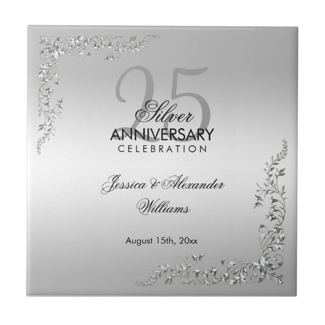 Stylish Silver Decoration 25th Wedding Anniversary Tile (Front)