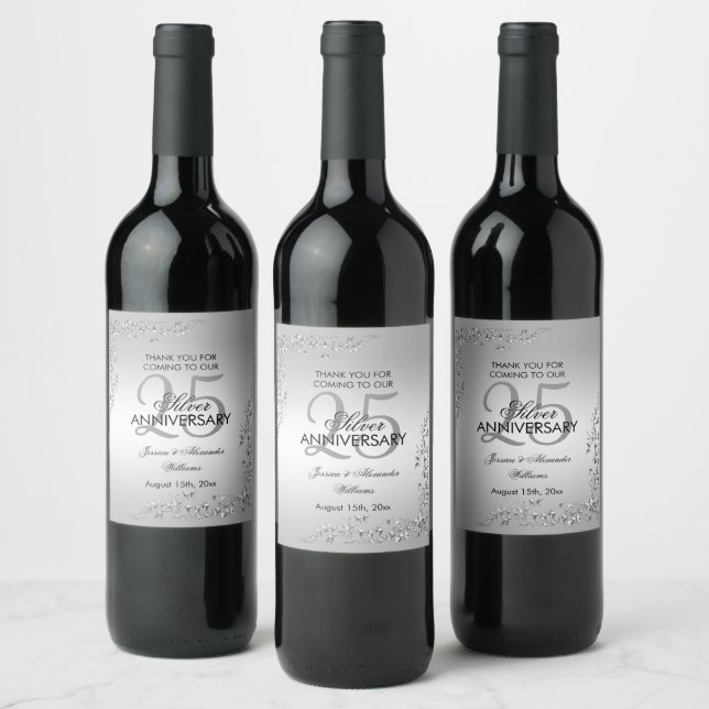 Stylish Silver Decoration 25th Wedding Anniversary Wine Label (Bottles)