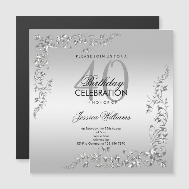 Stylish Silver Decoration 40th Birthday Party Magnetic Invitation (Front/Back)