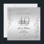 Stylish Silver Decoration 40th Birthday Party Save The Date<br><div class="desc">Stylish and elegant save the date cards suitable for women's birthday events. Beautiful stylish silver swirls and flourishes corner decorations on a pretty silver background. All text is fully customisable to meet your requirements. If you need help to customise your product or would like matching products please contact me through...</div>
