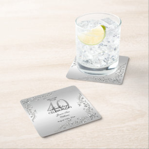 Stylish Silver Decoration 40th Birthday Party Square Paper Coaster