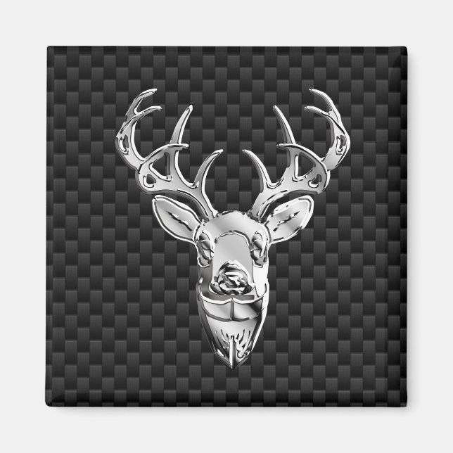 Stylish Silver Deer on Carbon Fibre Magnet (Front)