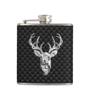Stylish Silver Deer on Carbon Print Hip Flask