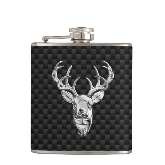 Stylish Silver Deer on Carbon Print Hip Flask
