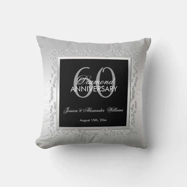Stylish Silver Diamonds 60th Wedding Anniversary Cushion (Front)