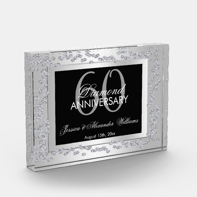 Stylish Silver Diamonds 60th Wedding Anniversary Photo Block (Left)