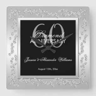Stylish Silver Diamonds 60th Wedding Anniversary Square Wall Clock